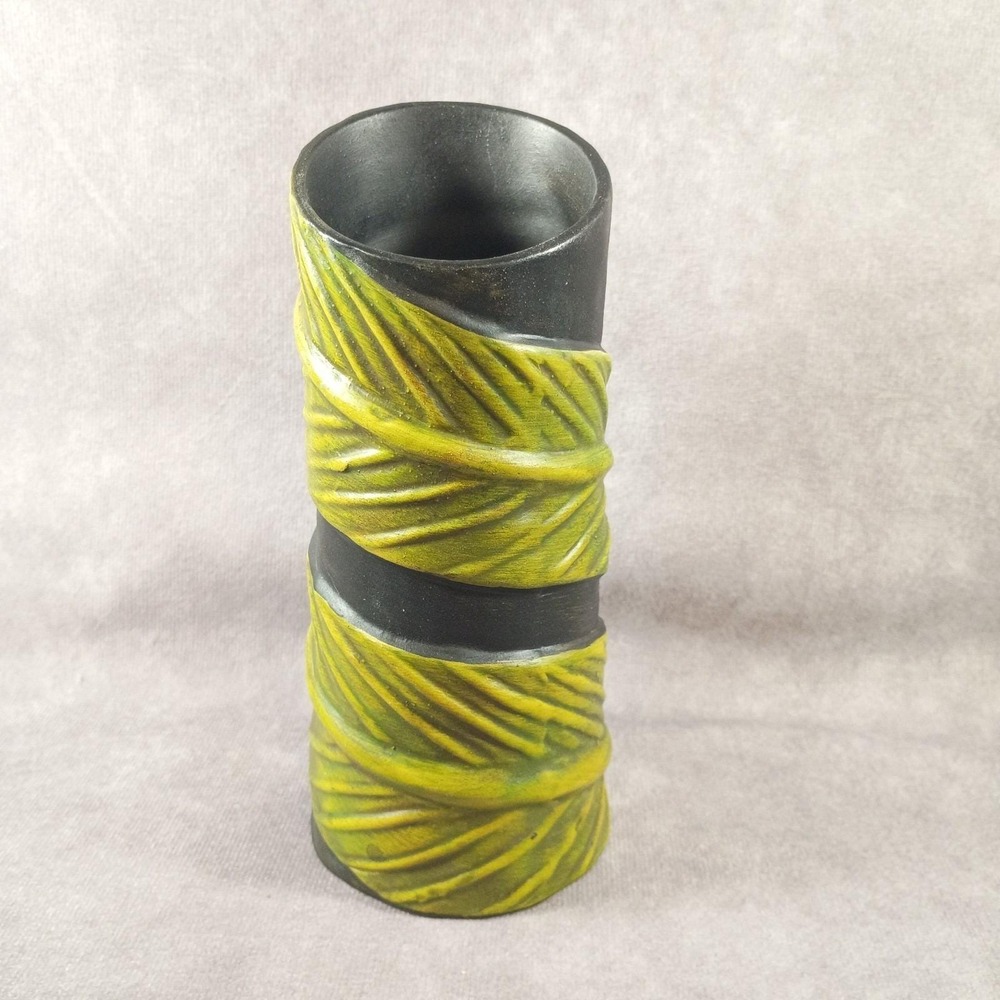 Vtg Studio Art Pottery Vase Black  with Green Palm Leaf Hand Painted Tropical
